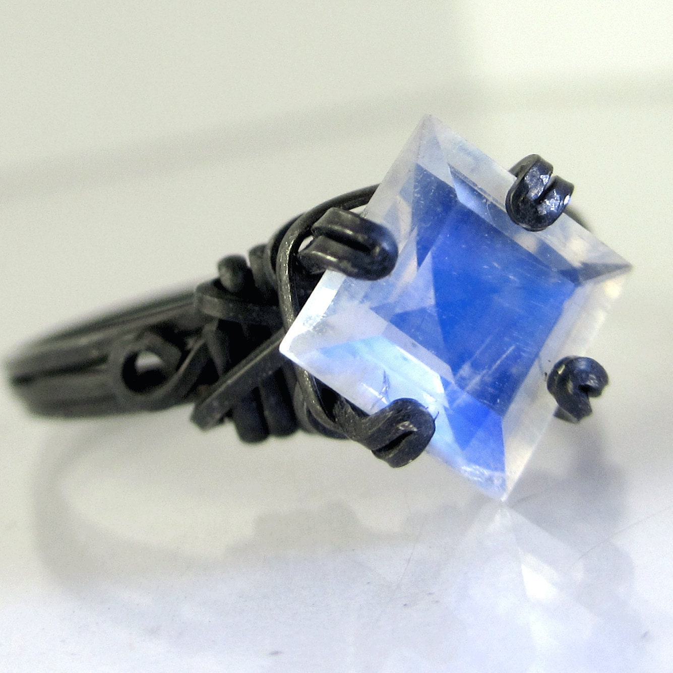 Princess Cut Rainbow Moonstone Oxidized Sterling Silver Ring