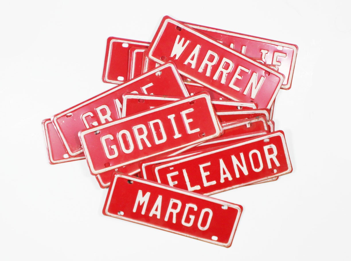 Vintage Name License Plate: Red and White Metal Bicycle Plates with Old Fashioned Names - BrooklynRetro
