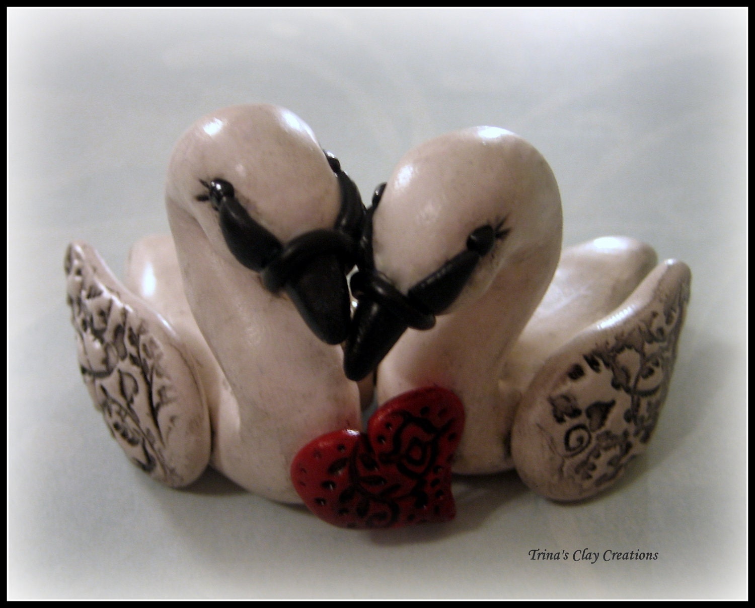 Wedding Cake Topper, Swans, Polymer Clay Swans in Love Wedding/Anniversary Keepsake, Red Heart - trinasclaycreations