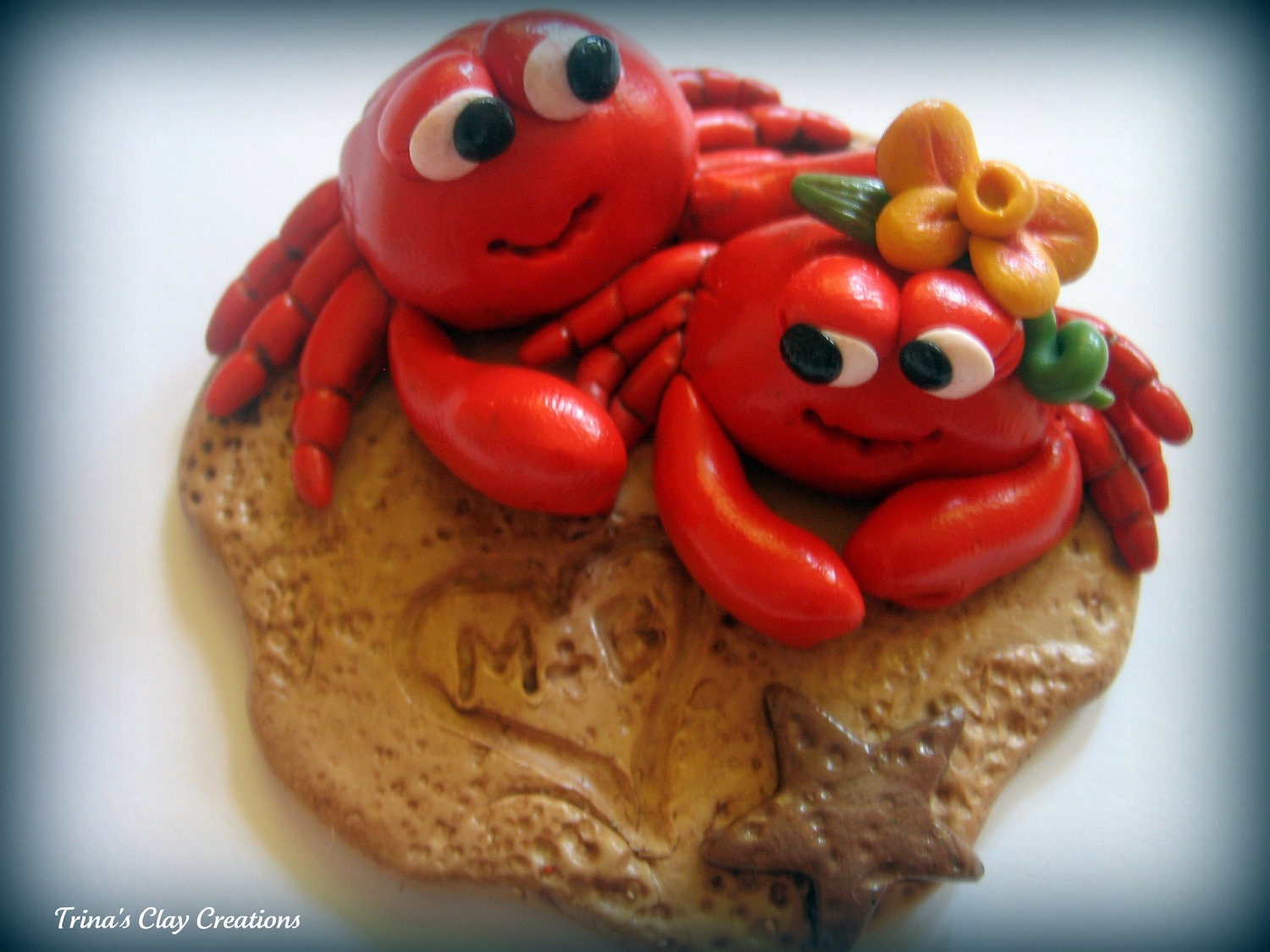 Wedding Cake Topper, Custom Polymer Clay Red Crabs in the Sand Wedding/Anniversary Keepsake - trinasclaycreations
