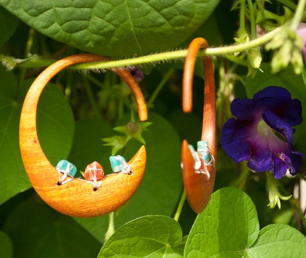 6g Organic Wood, Fine Silver and Stone Earrings Plugs - osage orange "Tropical Fruits" helios