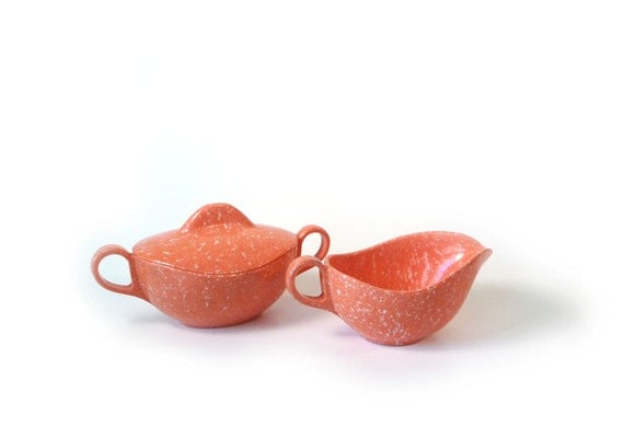 Vintage cream and sugar set - speckled coral melamine