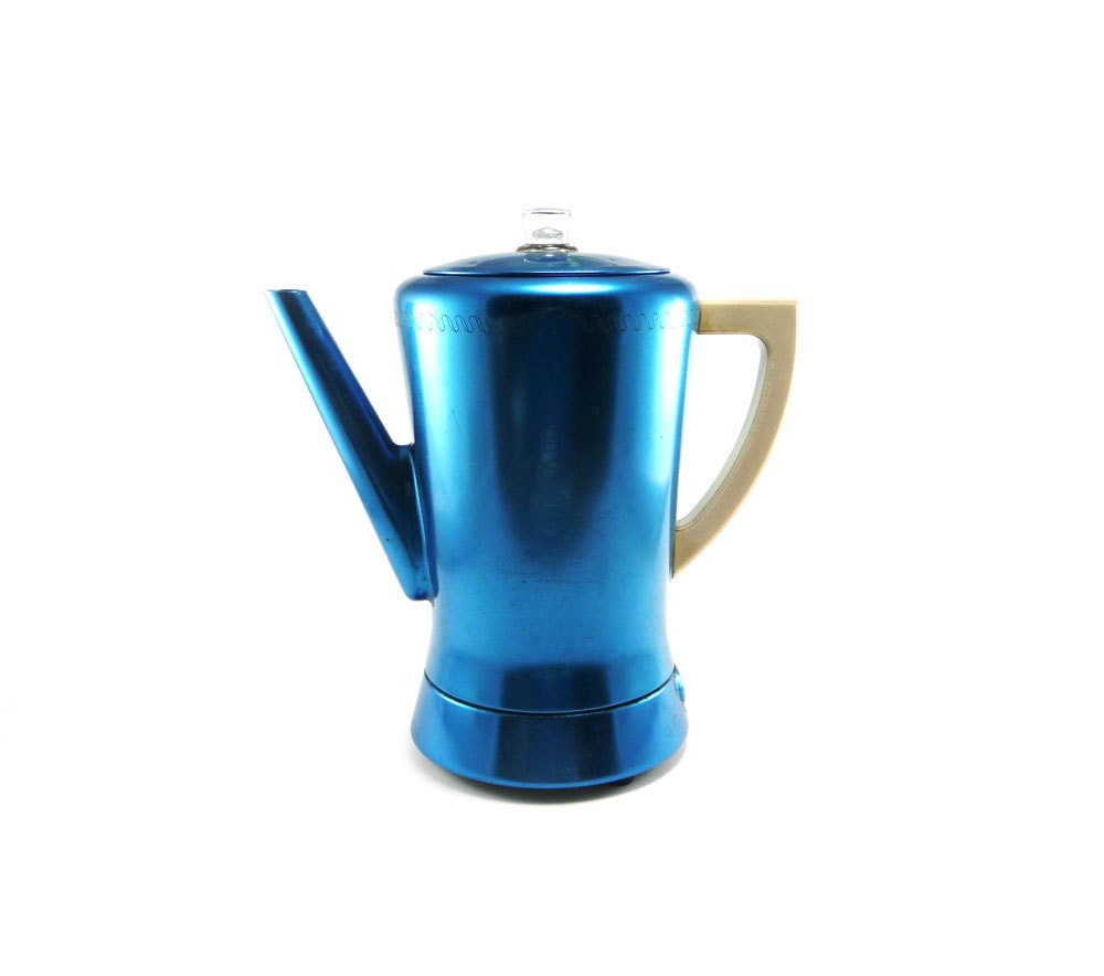 Bright blue West Bend coffee percolator from the 50s