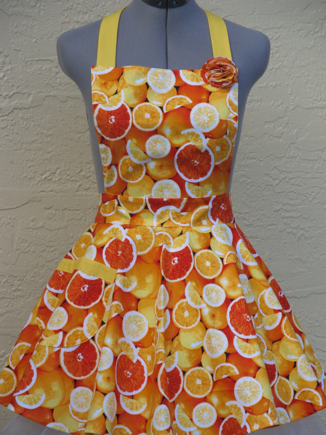 Ready to ship-Only One- Colorful Bright Oranges Apron- With a hint of Yellow Full of Twirl Flounce-Pin Up Style