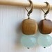 Sea Foam Green Faceted Quartz, Blonde Wood Squares, Antiqued Brass Earrings