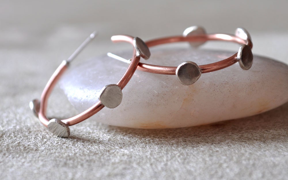 Copper Hoop Earrings with Silver Pebbles, Mixed Metal Jewelry