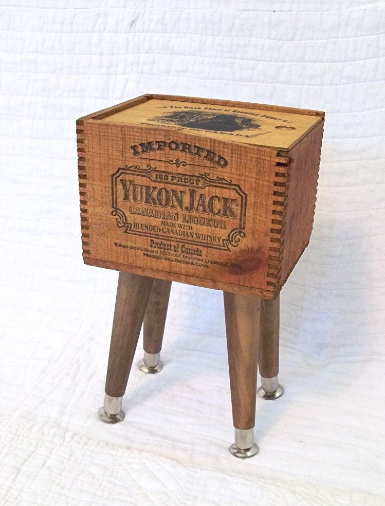 Shipping Crate Table YUKON JACK Dovetail Wooden Whiskey Box Upcycled Renewed w Wooden Legs MiNi Table Top Table