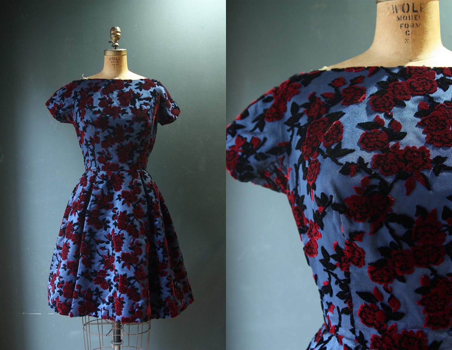 1950s Dress / Vintage 1950s Blue Cocktail Dress / Velvet Flowers