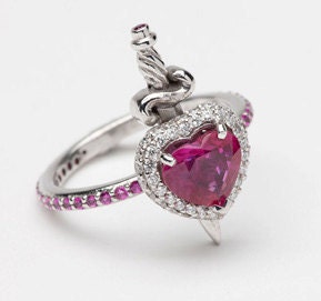 Ruby Heart and Diamonds Dagger Ring in 18ct White Gold