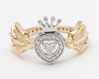 Diamond Heart Ring with Swallows and Crown, 18ct Yellow and White Gold
