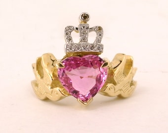 Pink Sapphire Heart with Diamond Crown and Gold Swallows Ring