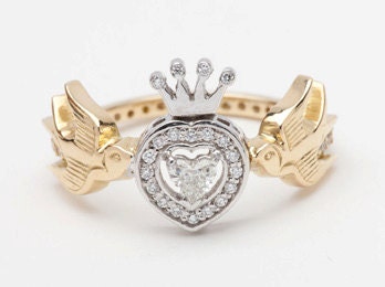 18ct Yellow and White Gold and Diamonds Swallows Heart and Crown Ring