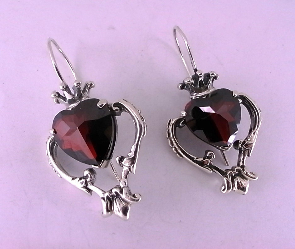 Sterling Silver Baroque Earrings with Heart Stone and Crown