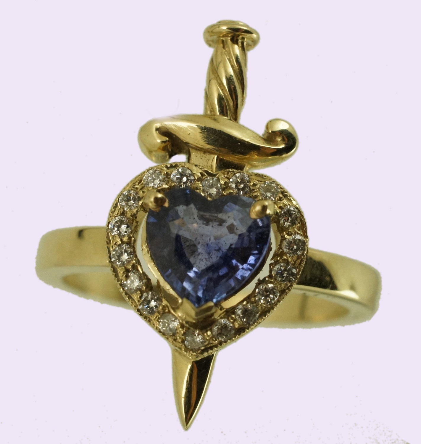 Solid 9ct Yellow Gold Heart and Dagger Ring with Sapphire and White Diamonds