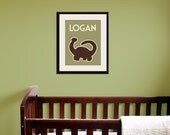 Dinosaur name sign print. 11x14 personalized custom nursery artwork for kids, child & baby rooms and playroom, modern design earth tones.