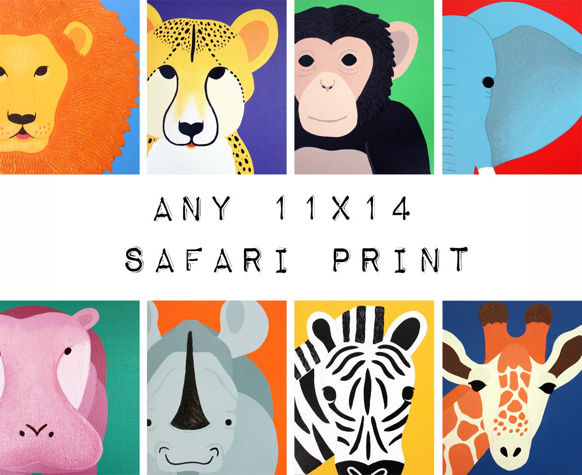 Safari animal nursery artwork. 11x14 modern print for baby & child, jungle art, zoo animal for kids rooms and playrooms in purple and yellow