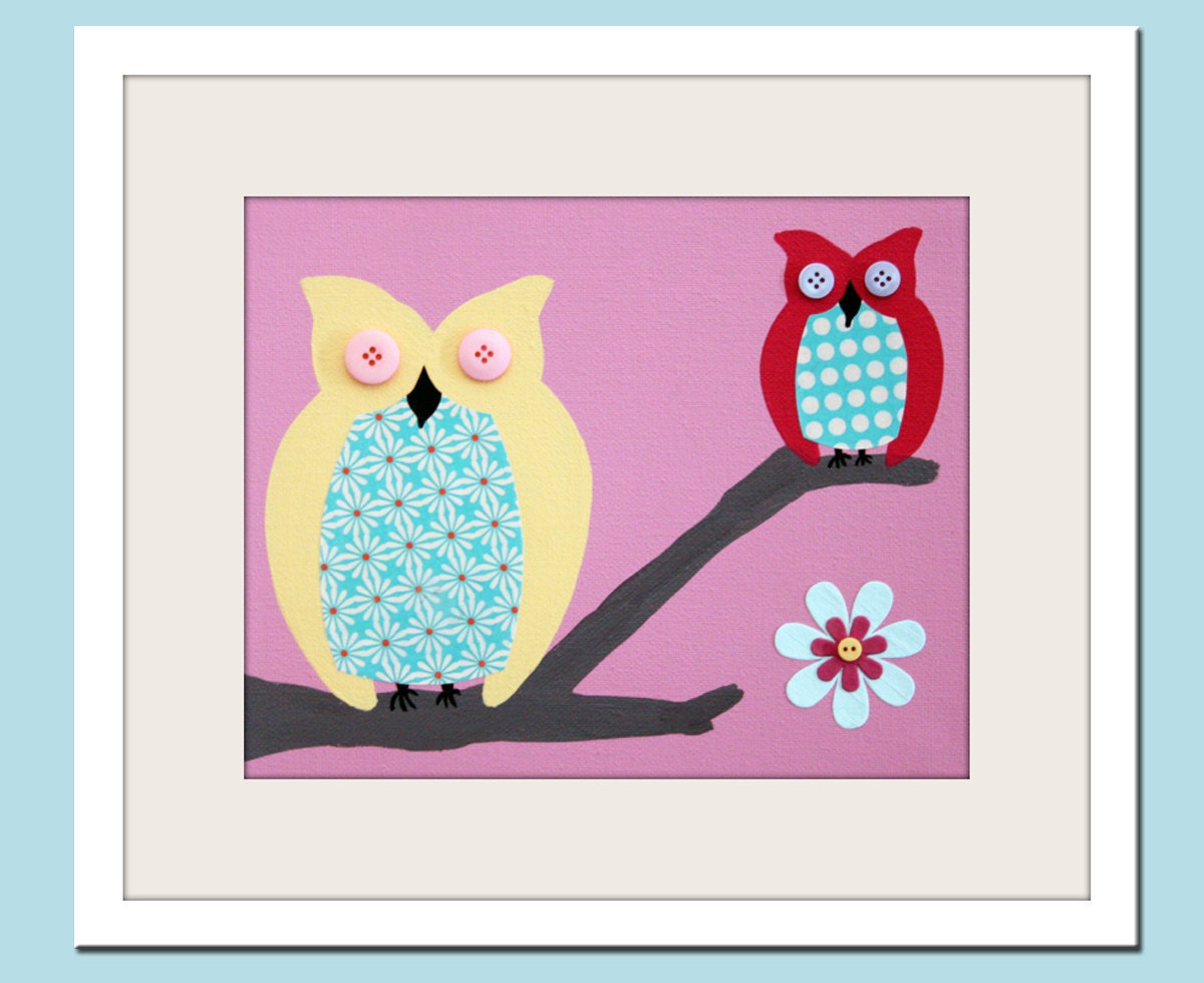Owl nursery wall art print for children. 8x10 nursery print for baby. Pink aqua and yellow owls in tree theme for child kids boys girls room