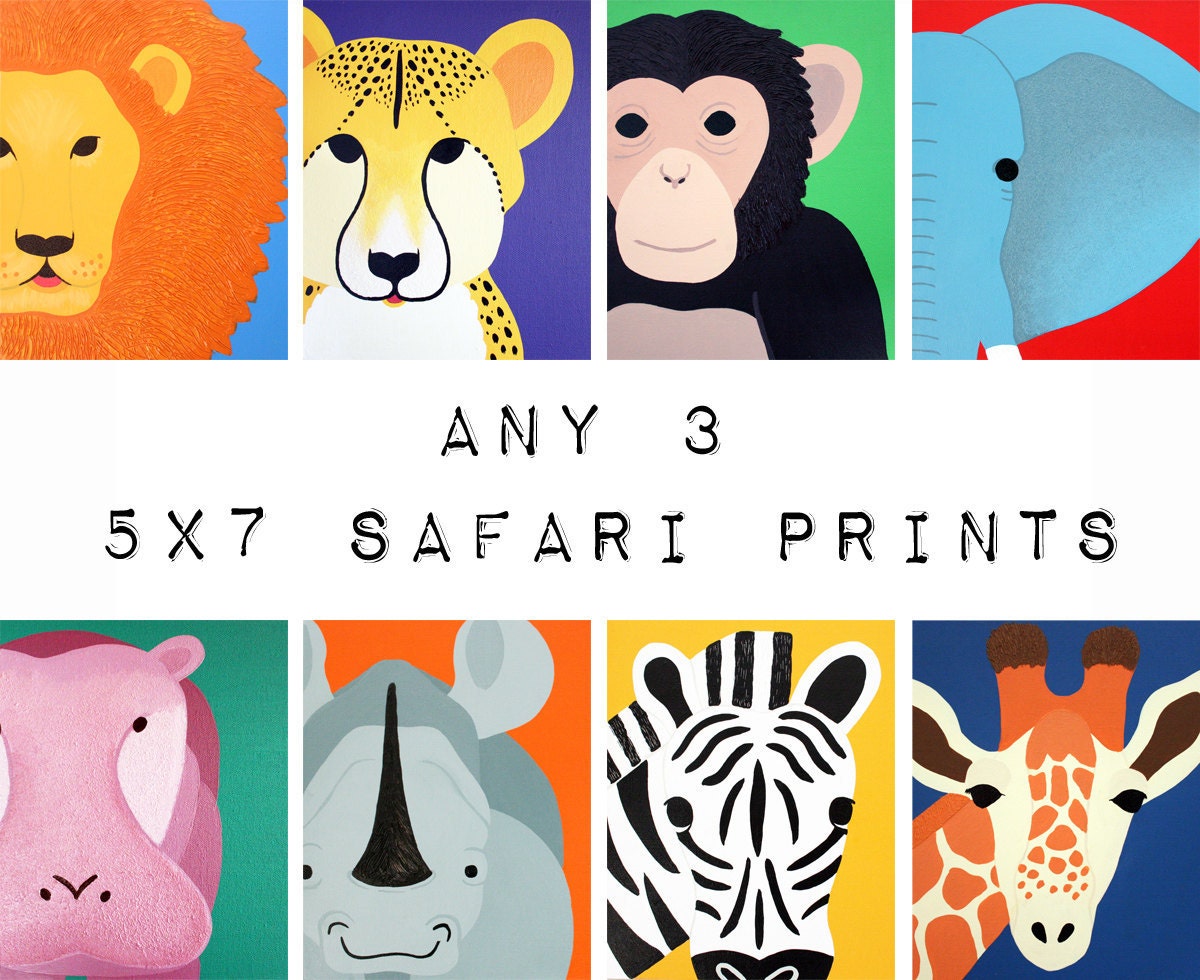 Safari nursery prints for baby & child. Any 3 5x7 modern prints of jungle zoo animals theme for kids rooms and playrooms