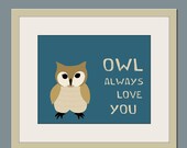 Owl nursery art print forest animals prints. Owl nursery decor 11x14 Nursery artwork woodland animal. Owl teal custom autumn colors.