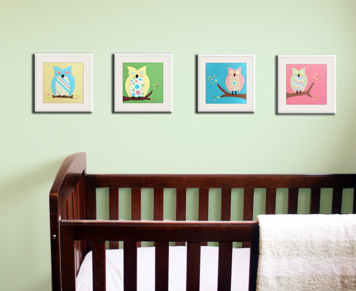 Nursery art prints Owl nursery, girl baby nursery wall art. Set of 4 - 8x8 owl prints in trees for kids decor in candy colors