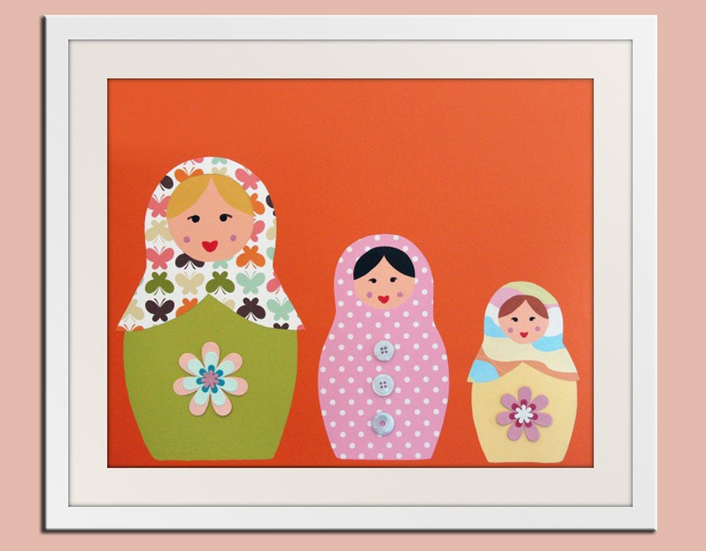 Nursery art print Matryoshka Dolls. 11x14 Babushka, Russian Dolls in orange and pink. Child artwork, kids wall art rooms & playroom - Wallfry