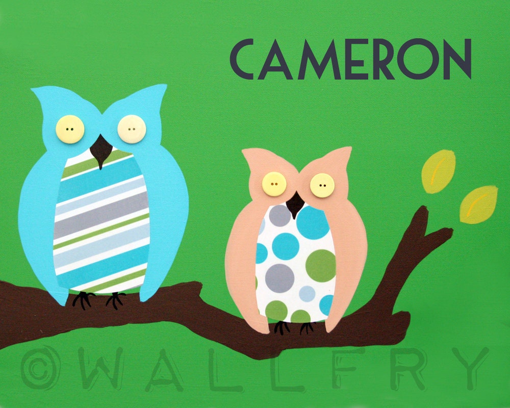 Personalized Children Owl print baby nursery decor. Owl art for children, kids art, Owl art print, lime green, turquoise and grey