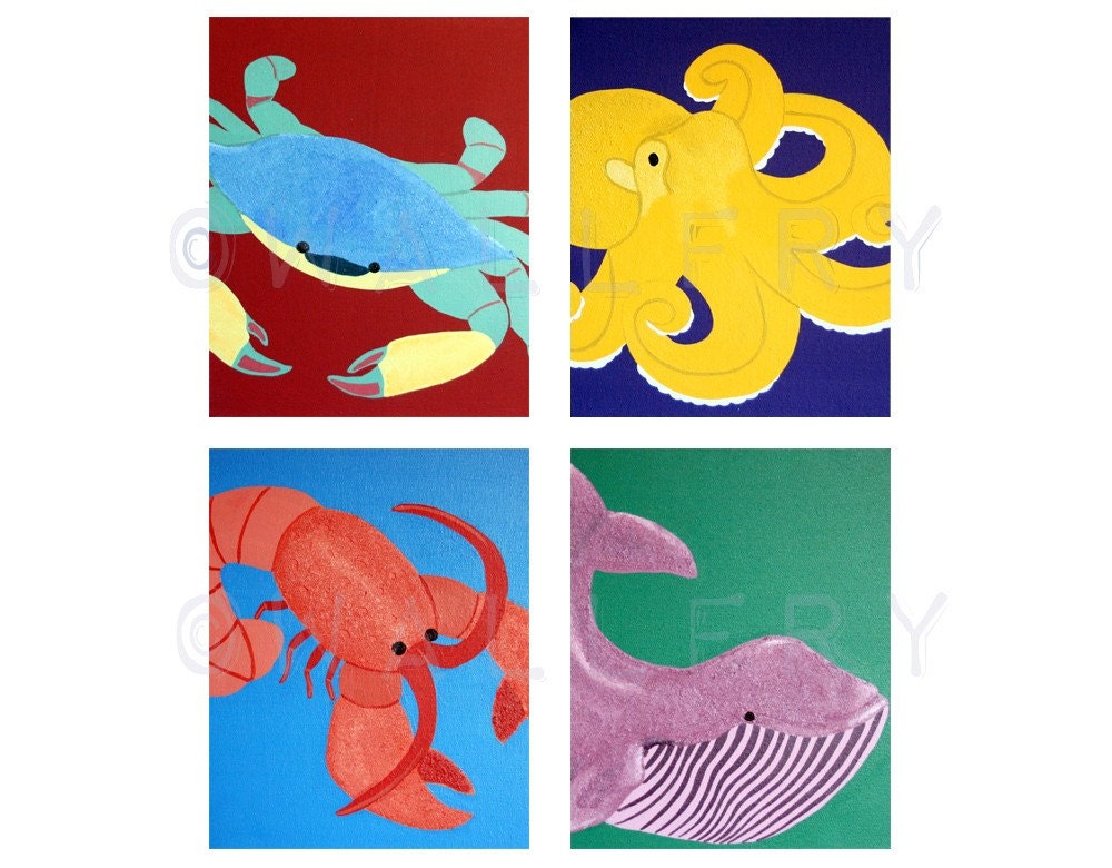 Baby nursery art. Sea creature prints, beach art for kids. Children art marine life. Children bathroom prints. 4 8x10 prints by wallFry