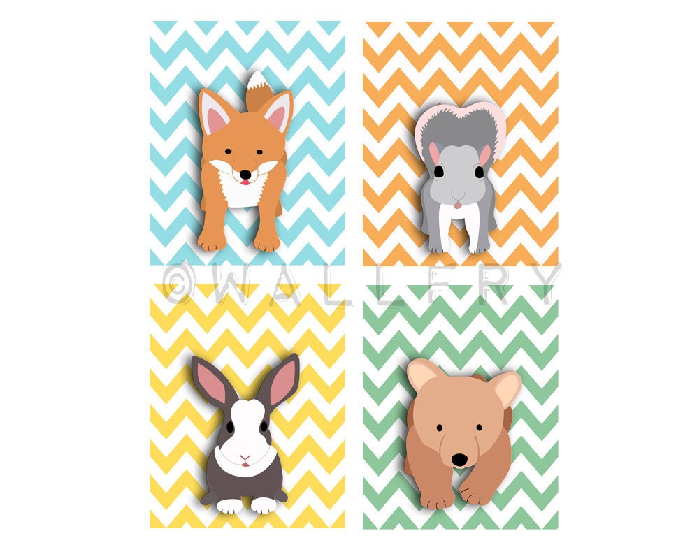 Fox chevron nursery artwork print. 11x14 Woodland forest animals, friends & critters art picture for baby and kids playroom