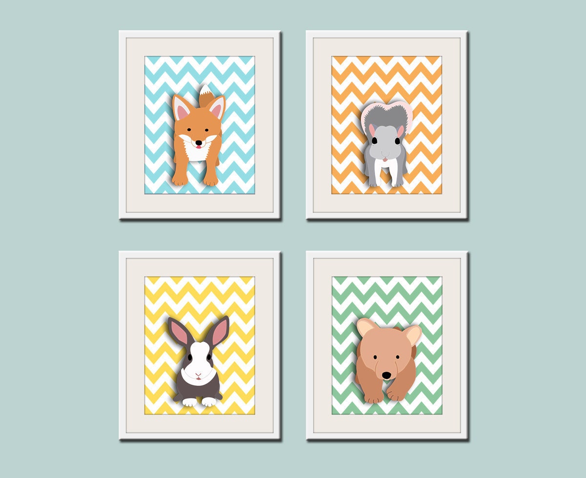 Fox chevron nursery artwork print. 11x14 Woodland forest animals, friends & critters art picture for baby and kids playroom