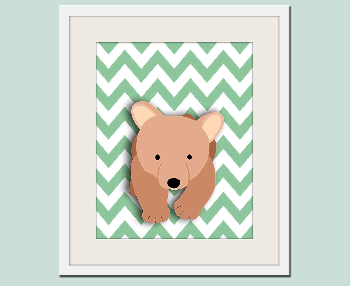 Bear for children  nursery art chevron print. 8x10 Woodland forest animals, friends & critters  pictures for baby and kids playroom