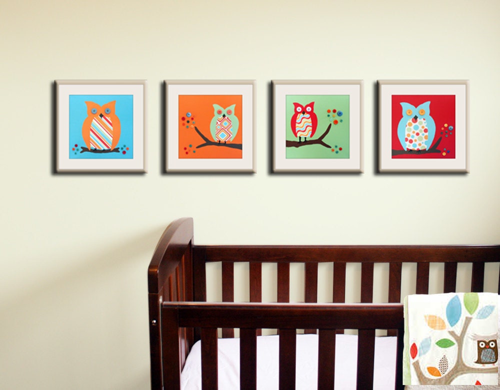 Owl prints nursery art. Owls for boys and girl baby nursery prints. Set of 4 - 8x10 of owl nursery art prints