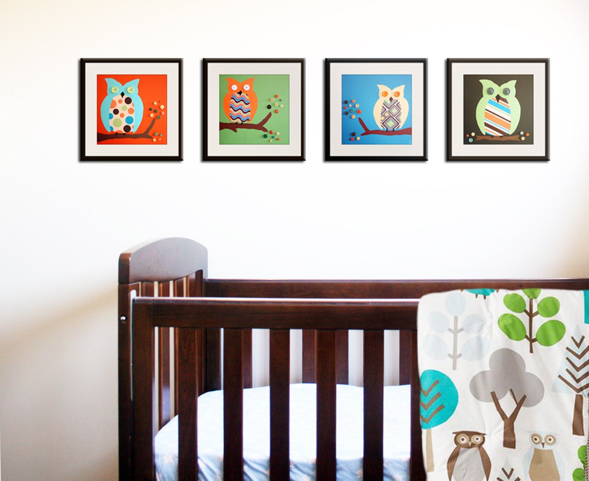 Nursery art Owl prints for children. Owls For boys girl baby nursery. 4 - 8x8 (or 8x10) prints of owls in trees for kids rooms and playrooms