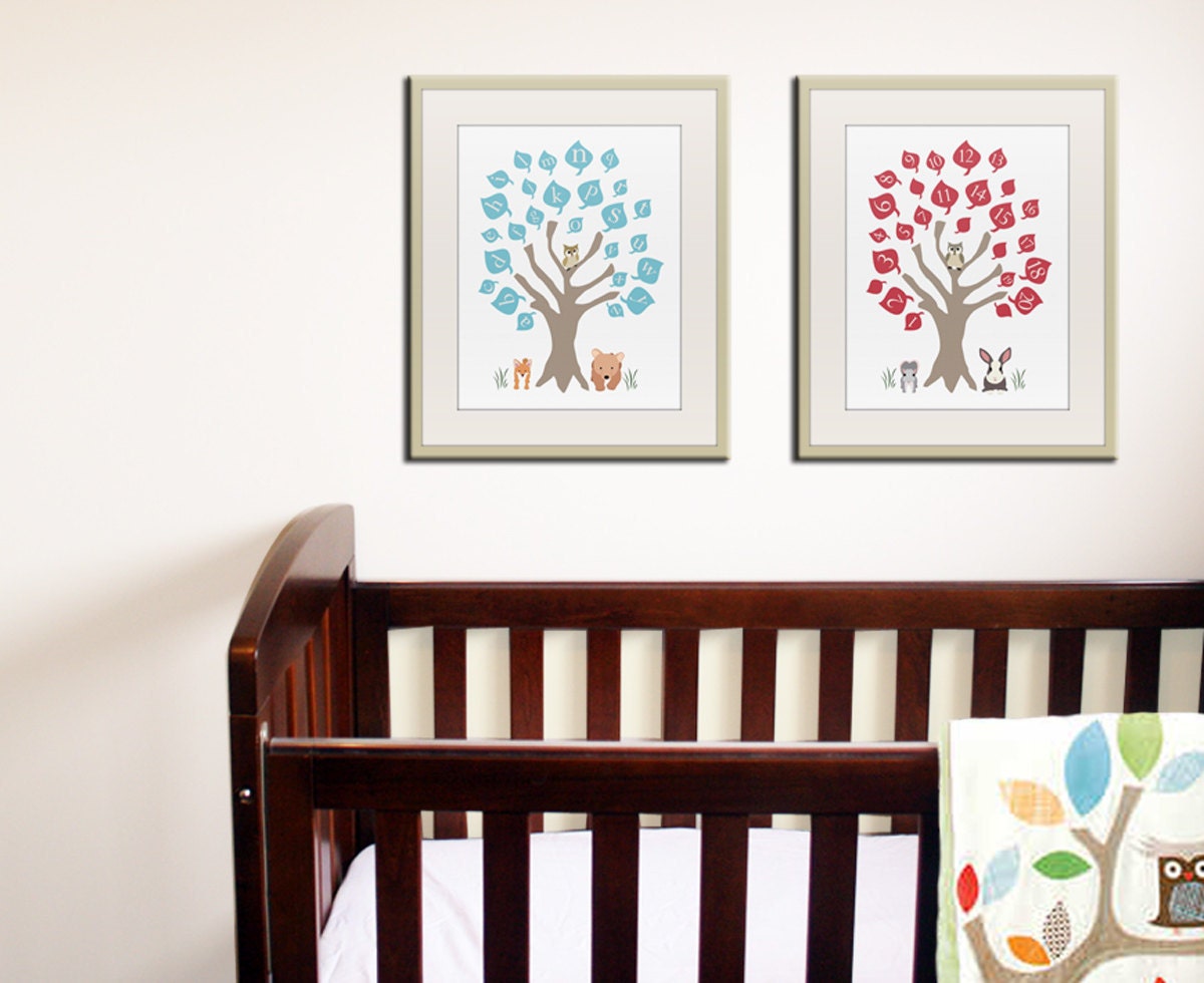 Alphabet print, numbers print woodland owl art print, Baby nursery wall art. ABC nursery decor. 123 print childrens art. 2- 11x14 prints