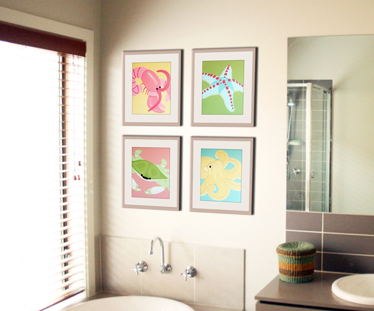 Bathroom art, bathroom prints. Kids bathroom children art. Baby nursery art. Underwater, sea creatures, beach. Four 8x10 prints by WallFry