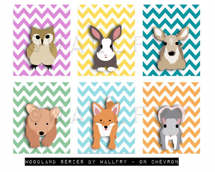 Woodland nursery art. nursery prints of forest critters SIX 11x14 prints. Fox, bear cub, rabbit, deer for baby & kids by WallFry
