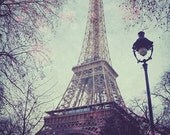 Paris in love - romantic Paris photo of the Eiffel Tower against a soft blue, turquoise sky with pink love hearts 5x7 fine art print