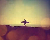 Surfer sunset beach, surf photo, lone surfer, orange, yellow, retro, vintage, 8x8 fine art print . Buy one get one free sale.