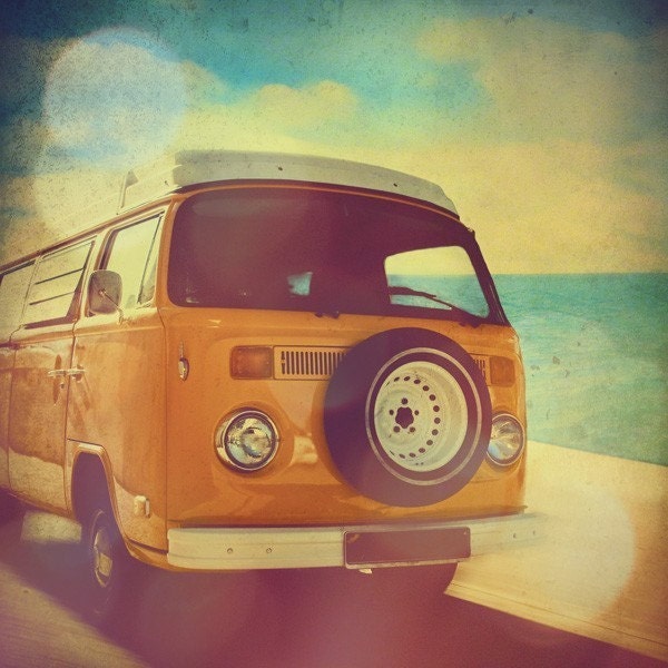 Surfer van, VW Kombi photo, surf, beach, summer, orange, yellow, turquoise, volkswagon, vintage, retro, home decor - 5x5 fine art print