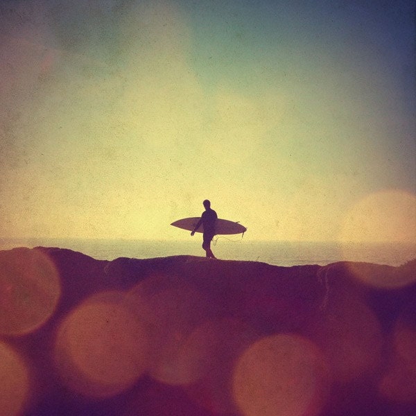 Surfer sunset beach, surf photo, lone surfer, orange, yellow, retro, vintage, 8x8 fine art print . Buy one get one free sale.