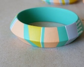 NEW  Pastel colours handpainted wooden bracelet - turquoise, peach, grey, white and yellow