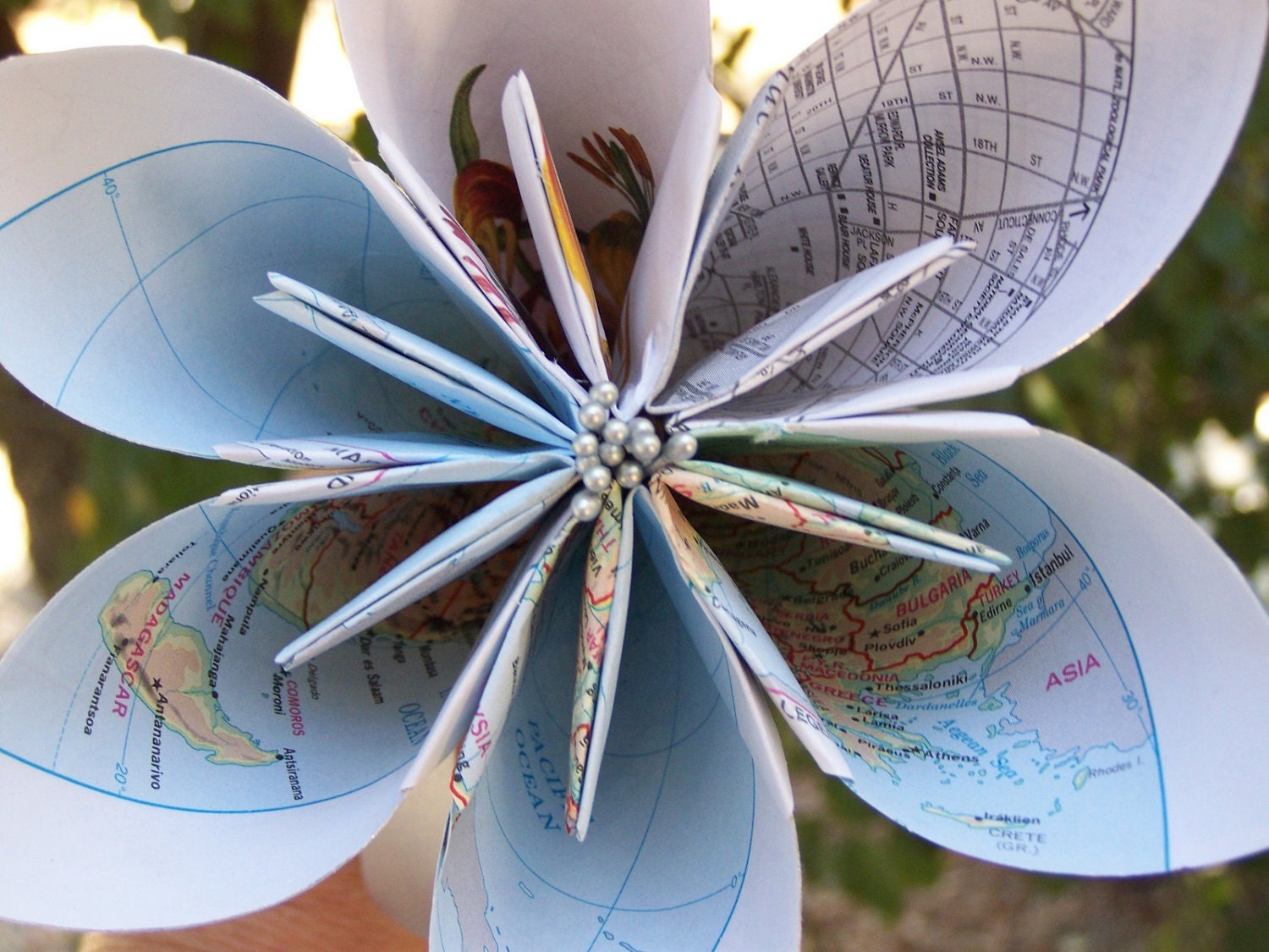 Large Origami Map Flower With Stamens Stem Bow