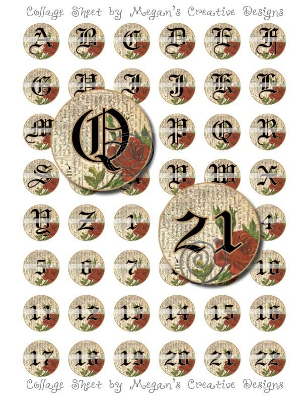 Vintage Rose Alphabet One Inch Circle Graphics Digital Collage Sheet Printable Unlimited Scrapbooking Free Shipping Rose