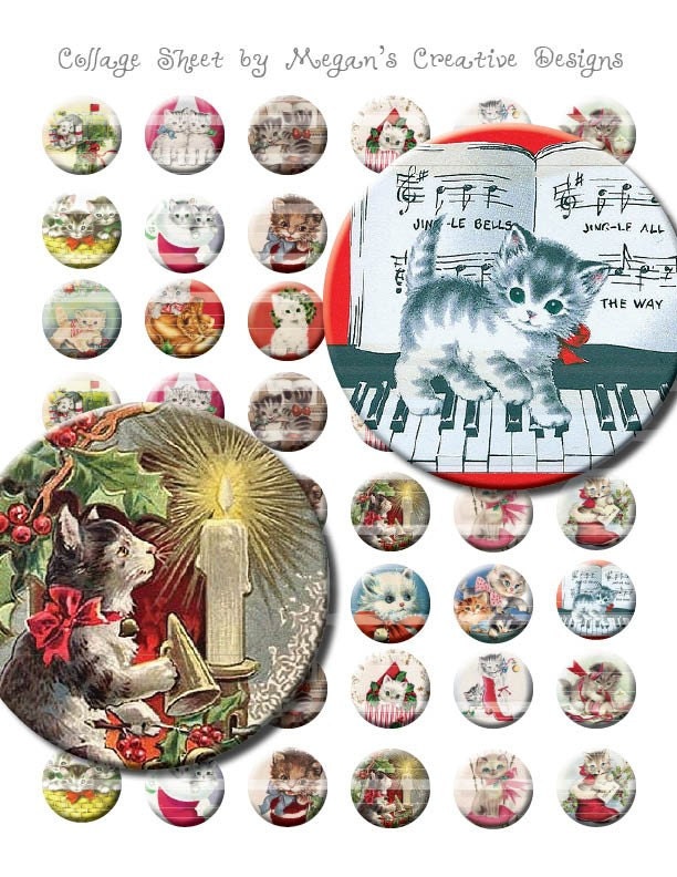 Vintage Christmas Kittens One Inch Circle Graphics Digital Collage Sheet Printable Unlimited Scrapbooking Free Shipping