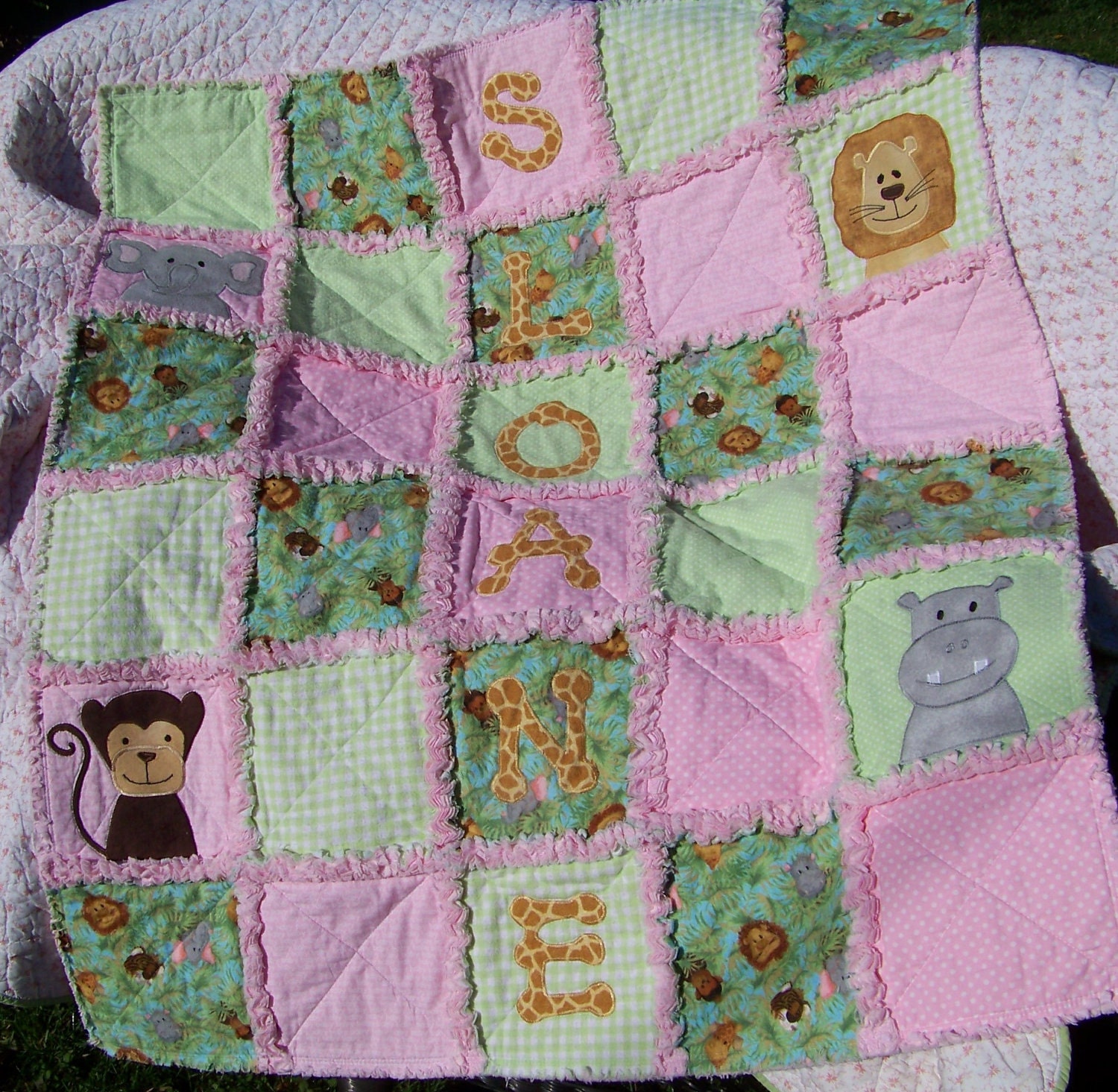 Jungle Babies II Personalized Rag Quilt Baby Girl  CUSTOM ORDER