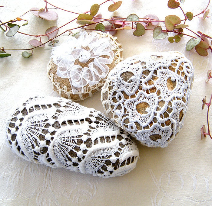 Lace, crochet stones- 3 Nature decorated river pebble stones, covered with vintage fabric lace motif, hand made, by Mintook. Lace, crochet