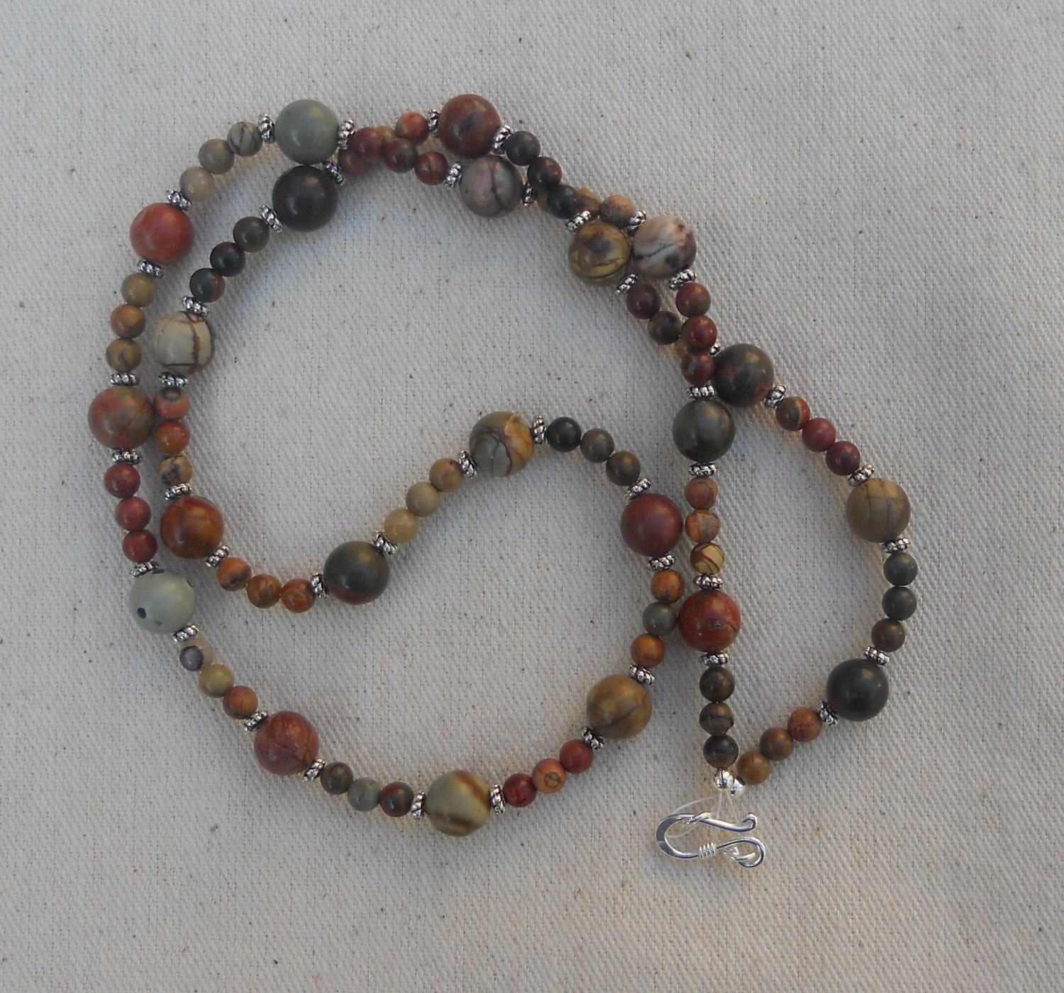 Brown, red and blue green gray Picasso jasper semiprecious stone jewelry  in a colorful gift bag  J337