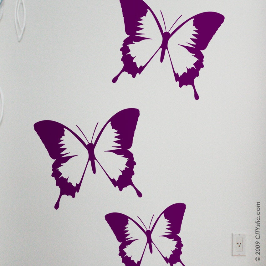 ANIMAL - WALL DECAL : Set of three Translucent butterflies flying, nursery, kids, children sticker
