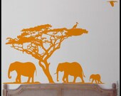 ANIMAL-  Elephants - WALL DECAL : Huge Elephant family in an African scene with tree and birds, ideal for kids bedroom, nursery
