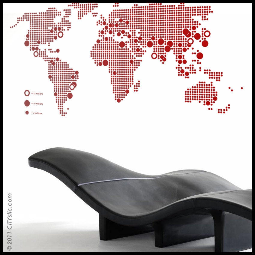 On Sale World MAP WALL DECAL : Big Cities, Large World-population Map in dots. With major towns on all continents