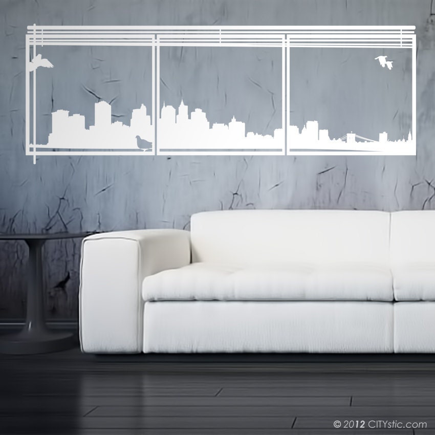 NYC : WALL DECAL - Skyline of New York City with pigeons, Empire State Building, Brooklyn Bridge.Thru Windows.